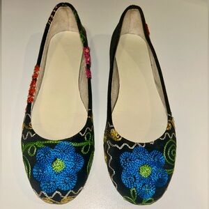 Embroidered Black Flats with Floral Design